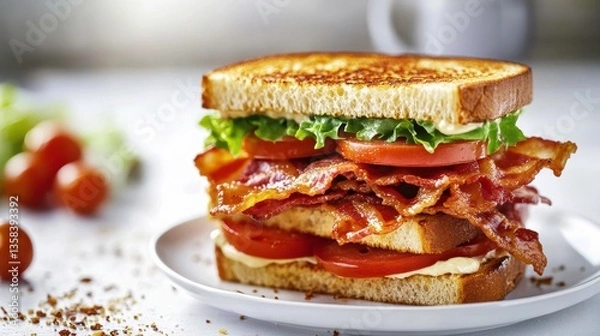 Fototapeta Delicious Bacon Sandwich with Fresh Lettuce and Tomato Stacked High