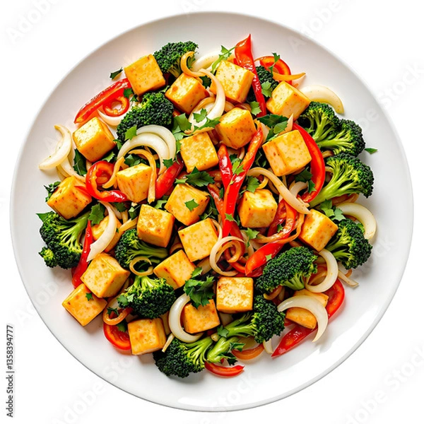 Fototapeta  Vegetable Stir Fry with Tofu on White Plate, Top View