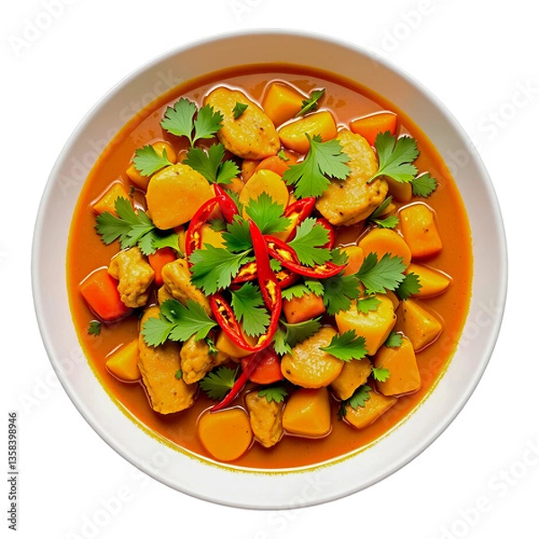 Fototapeta  Chicken Curry with Pumpkin and Cilantro in White Bowl, Top View