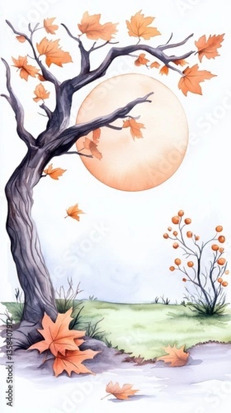 Fototapeta Golden leaves swirl in autumn breeze around a gnarled tree silhouetted against a pale sun, captu nature's whispers.