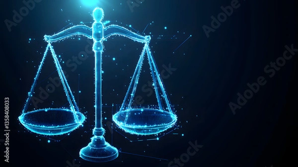 Fototapeta Futuristic Digital Hologram of Scales in Blue Hues Representing Justice and Balance.
