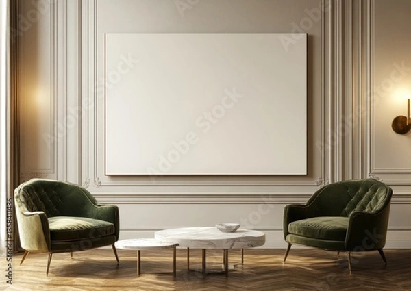 Fototapeta Elegant living room with two green velvet armchairs, a marble coffee table, and a large blank canvas.