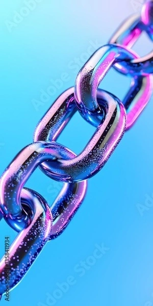 Obraz Vibrant 3D Illustration of Intertwining Iridescent Blue and Pink Chain Links with a Bubbling Wet Appearance on Light Blue Background