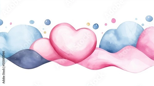 Obraz Vibrant watercolor illustration of a large pink heart amidst soft pink and blue cloud gradients in a retro 70s style design