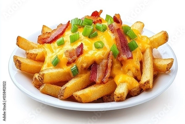Obraz Golden fries covered in creamy cheese with crispy bacon pieces and fresh green onions creating a mouthwate dish delight