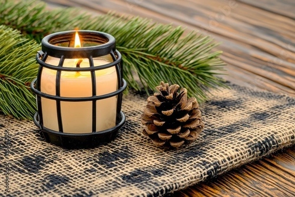 Obraz Vintage lantern illuminating candlelight among pine boughs and a pine cone on rustic burlap draped over wooden background