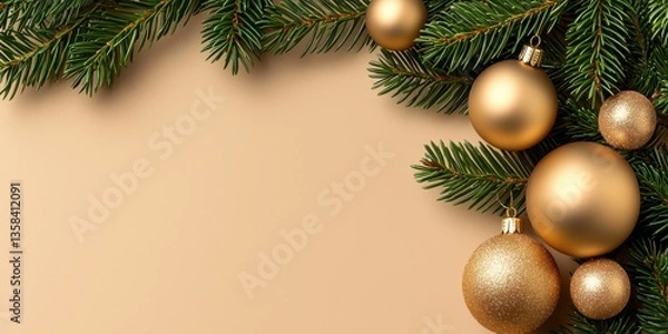 Obraz Radiant golden Christmas tree with shimme gold ornaments and warm beige background creating festive holiday spirit and joy