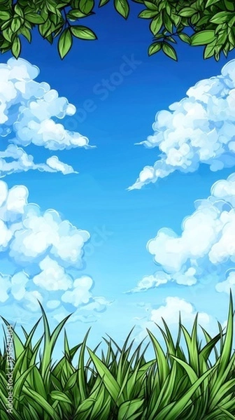 Obraz A Vibrant Illustration of a Tranquil Sky with Fluffy Clouds and Lush Green Grass Framing a Sleek, Plush Balcony Design
