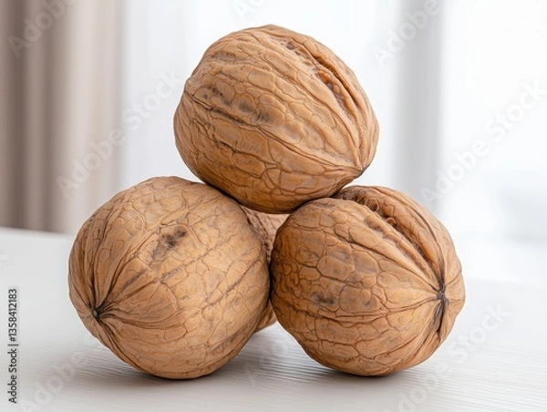 Fototapeta Three Rich-Textured Walnuts in a Triangular Stack Resting Elegantly on a Pristine White Surface Evoking Crystal Beauty