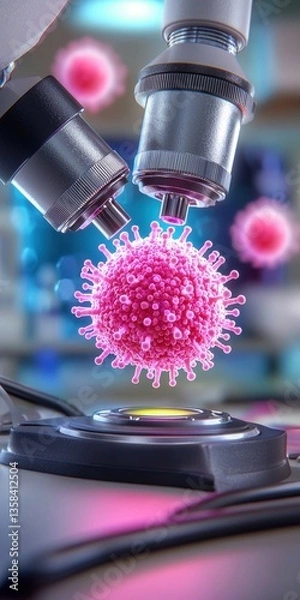 Obraz In a sterile lab, glowing screens highlight two microscope lenses focused on a pink virus particle and other viruses around it