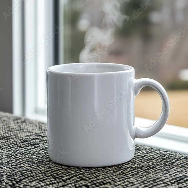 Obraz A serene sunlit corner with steam rising from a white mug on textured surface near a window inviting a warm drink moment