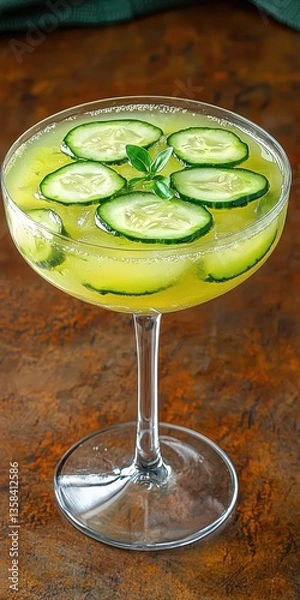 Obraz Refreshing cucumber cocktail with vibrant green hummus, garnished with cucumbers and basil in a chic stemmed coupe glass
