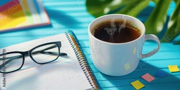 Obraz Sunlit room with an open notebook, steaming coffee cup, eyeglasses, colorful sticky notes, and a tropical plant scene.
