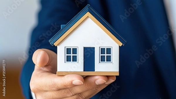 Obraz Close-up of a polished real estate agent's hand presenting a small white house model in a bright sunlit interior room