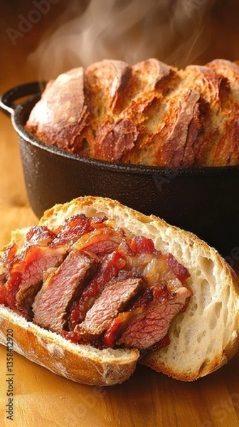 Obraz Rustic kitchen with bubbling cast iron pot of crusty bread and hearty sandwich featu thinly sliced caramelized meat