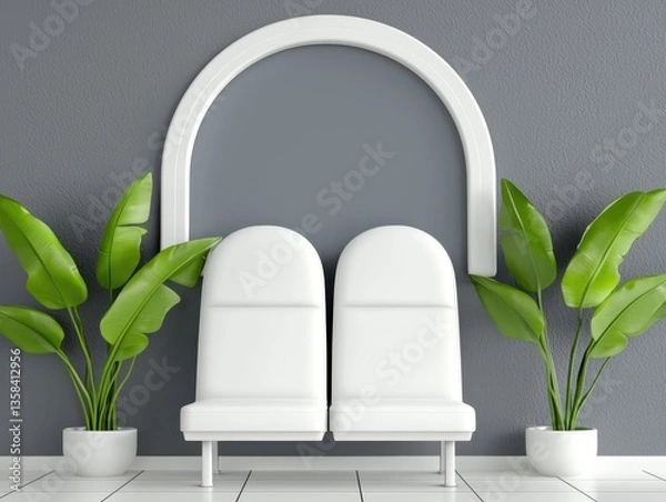 Obraz Bright airport departure hall with sunlight streaming through window, sleek chairs and vibrant potted plants creating ambiance