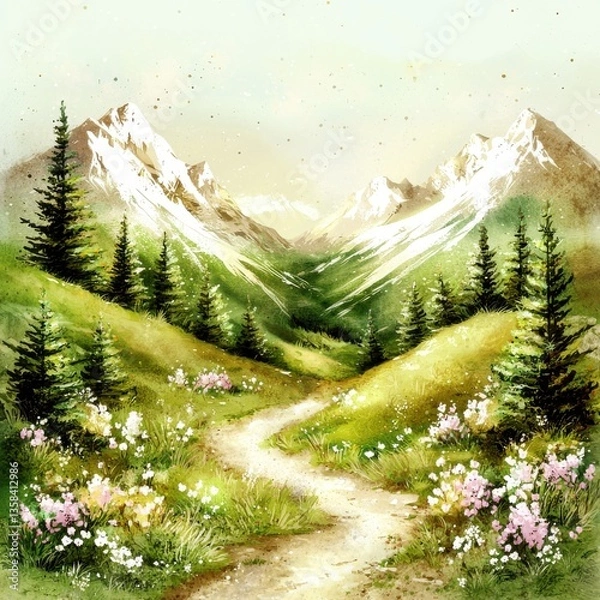 Obraz Serene Watercolor Landscape of a Winding Path Through Flower-Filled Valley led Between Majestic Snow-Capped Mountains