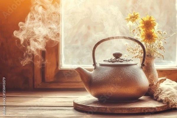Obraz Morning Light Illuminating a Steaming Cast Iron Teapot on Rustic Wood Next to a Charming Vase of Dried Flowers and Foliage