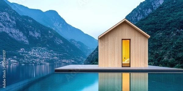 Obraz Exquisite wooden cabin overlooking tranquil lake and majestic mountains with an infinity pool in peaceful wooded setting