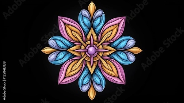 Obraz Stylized Pueblo-inspired stained-glass mandala art with flowing petal forms in pink, blue, and gold hues, centered design
