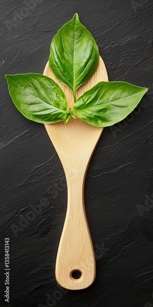 Obraz Three Lush Green Basil Leaves on a Wooden Spatula Styled for Elegant Pasta Food Photography on a Dark Background