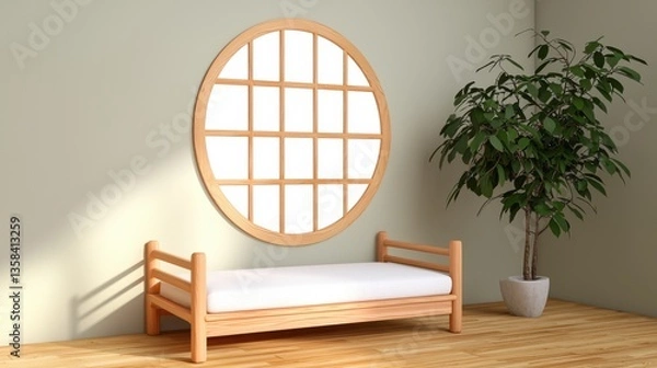 Obraz Chic minimalist 1 BHK flat showcasing sleek lines and a circular wooden window with a light wood platform bed and white decor