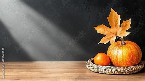 Obraz Sunlight Streaming Through Window Illuminates Pumpkin Clementine and Autumn Leaves on Woven Tray in Cozy Setting