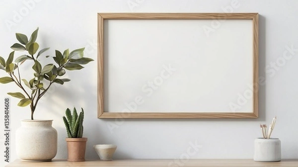 Fototapeta Simple wooden frame on a blank white wall offering space for a creative business or artistic message