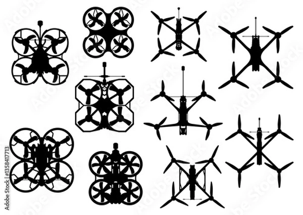 Obraz Quadrocopter air drones icon set for graphycs. Fpv drone vector silhouette.