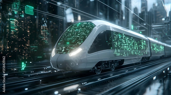 Fototapeta Futuristic train speeding through a cityscape showcasing technological advancement. Ideal for visualizing urban mobility innovation and high-speed transportation concepts.