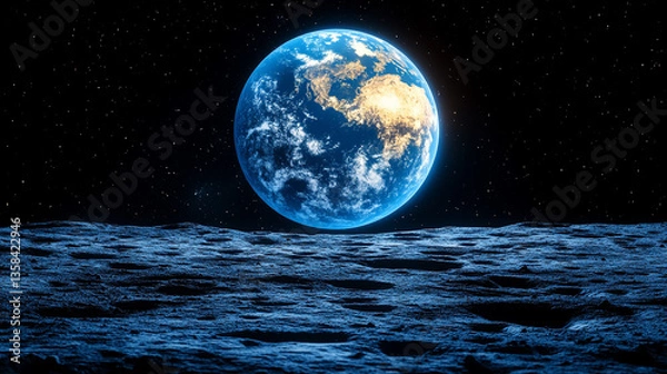 Fototapeta A celestial orb's terrain seen through the eyes of a bold lunar explorer, highlighting unique lunar soil and ethereal formations. Modern design with vast empty space suggests infinite potential and ch