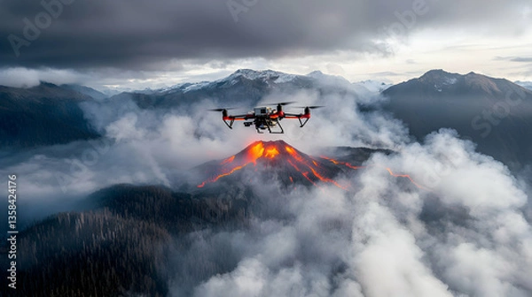 Fototapeta A drone surveys an active volcano with flowing lava under a cloudy sky. The image showcases scientific research and monitoring of natural phenomena.