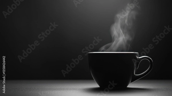 Fototapeta A steaming cup of black coffee in a simple ceramic mug, placed on a smooth monochrome table. The rich tones of the coffee contrast with the muted background, subtle steam rising in the air