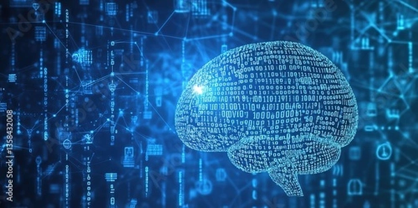 Fototapeta Futuristic AI Concept: A Digital Brain Amidst Flowing Binary Code on a Blue Background