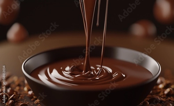 Fototapeta Close-up macro shot of dark, molten chocolate being poured into a dark-colored bowl. The chocolate is highly viscous, exhibiting a glossy, smooth texture with visible swirls as it flows.  Coffee