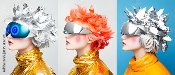 Fototapeta Futuristic fashion portrait featuring models with innovative headwear and visor-style eyewear. Ideal for avant-garde designs and sci-fi themed campaigns.