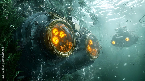 Fototapeta Underwater steampunk scene depicts a submersible device with glowing clock faces. Excellent for sci-fi book covers or concept art exploration. 