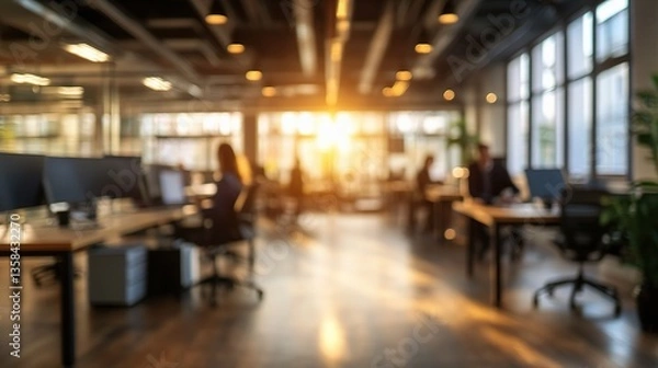 Fototapeta Modern Office Space with Blurred People Working During Sunset