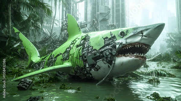Fototapeta A futuristic shark cyborg in a flooded jungle environment. Great for digital art concept design or a science fiction movie poster. It evokes a post apocalyptic feel.