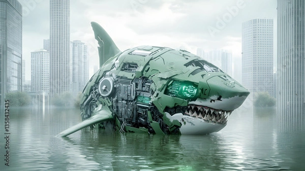 Fototapeta A mechanical shark swims in a flooded city. A dystopian future where nature and technology merge. Create stunning futuristic digital art.