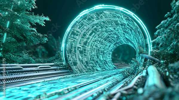 Fototapeta A digital tunnel in a forest setting. Could be used for futuristic science fiction movie posters or digital art installations. Shows technology blending with nature.