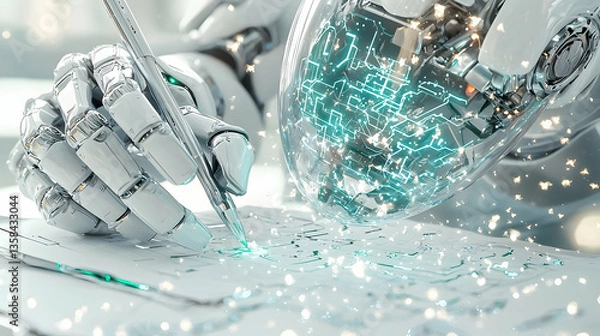 Fototapeta A futuristic robot arm writes on paper. An illuminated sphere suggests AI's inner workings creating complex designs. Consider for science or tech themes.