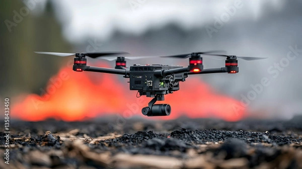 Fototapeta A drone hovers above a fiery scene potentially used for surveying or monitoring wildfire situations. The image captures the intersection of technology and nature.