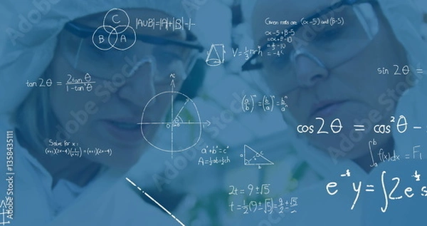 Fototapeta Analyzing complex equations on transparent board, scientists in lab coats working
