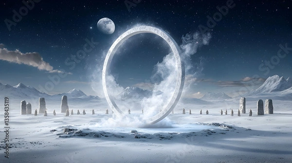 Fototapeta A mystical winter landscape features a glowing ring portal. Stone figures and snowy mountains enhance the scene. It would work well for fantasy book covers or game art.