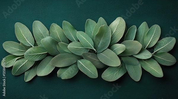 Fototapeta Green leaves arranged on dark background, nature, flatlay, botanical, design