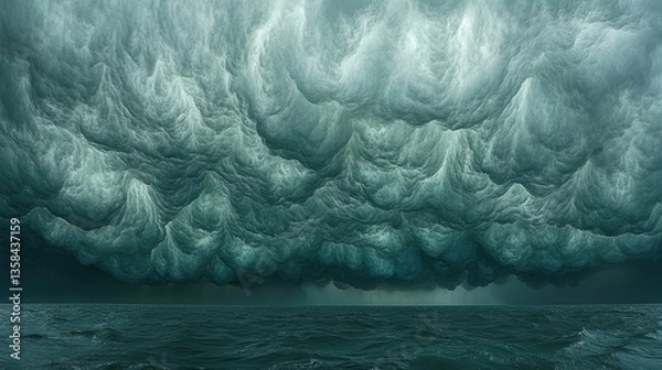 Fototapeta Dramatic storm clouds over dark ocean. Powerful waves. Possible use Stock photo for weather, nature, or science themes
