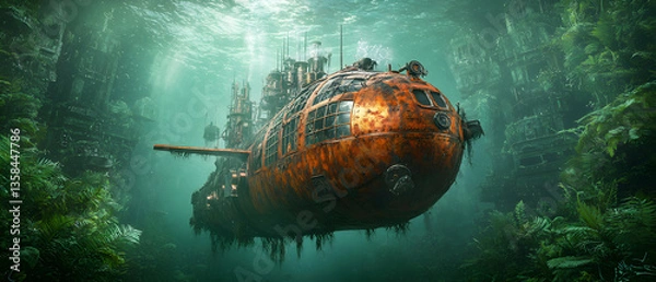 Fototapeta A steampunk submarine explores submerged ruins. It suggests a story of exploration or the mysteries of a lost civilization. Use it for book covers or game art.