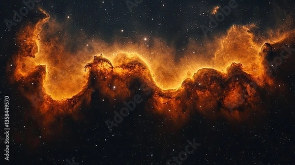 Fototapeta Fiery nebula cosmic dust swirls space background, astronomy