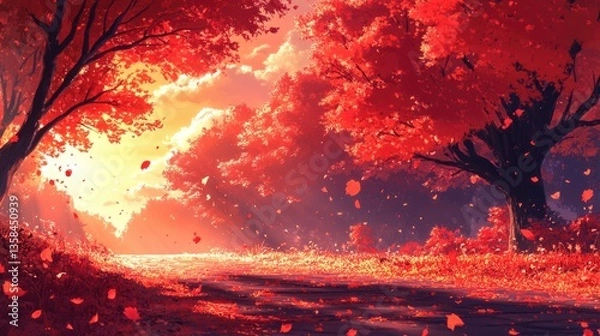 Fototapeta Autumnal path sunset forest fall leaves nature landscape